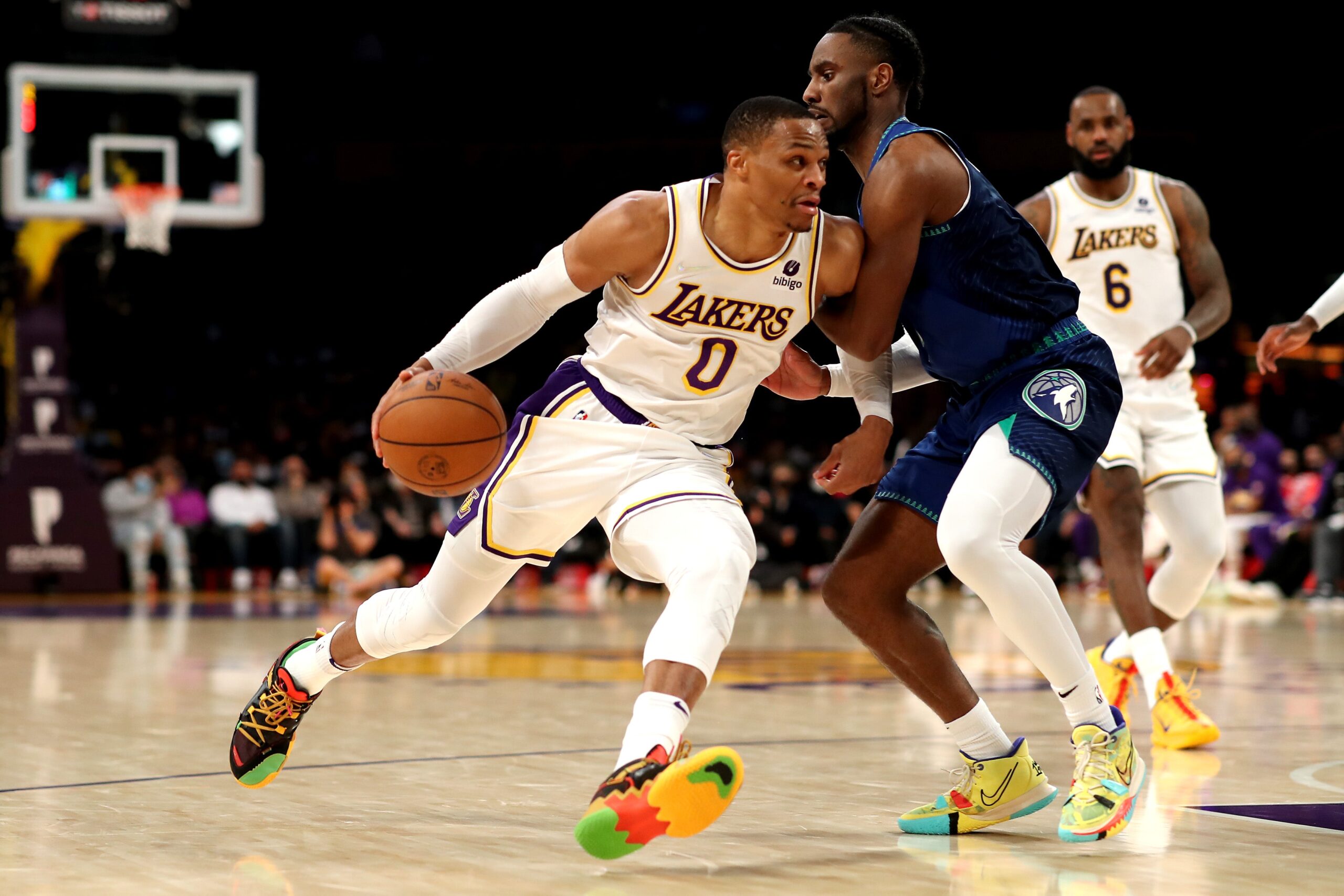 LOS ANGELES, CALIFORNIA - JANUARY 02: Russell Westbrook #0 of the Los Angeles Lakers drives against Jaylen Nowell #4 of the Minnesota Timberwolves during the fourth quarter at Crypto.com Arena on January 02, 2022 in Los Angeles, California. (Photo by Katelyn Mulcahy/Getty Images) Photo: Getty Images Katelyn Mulcahy