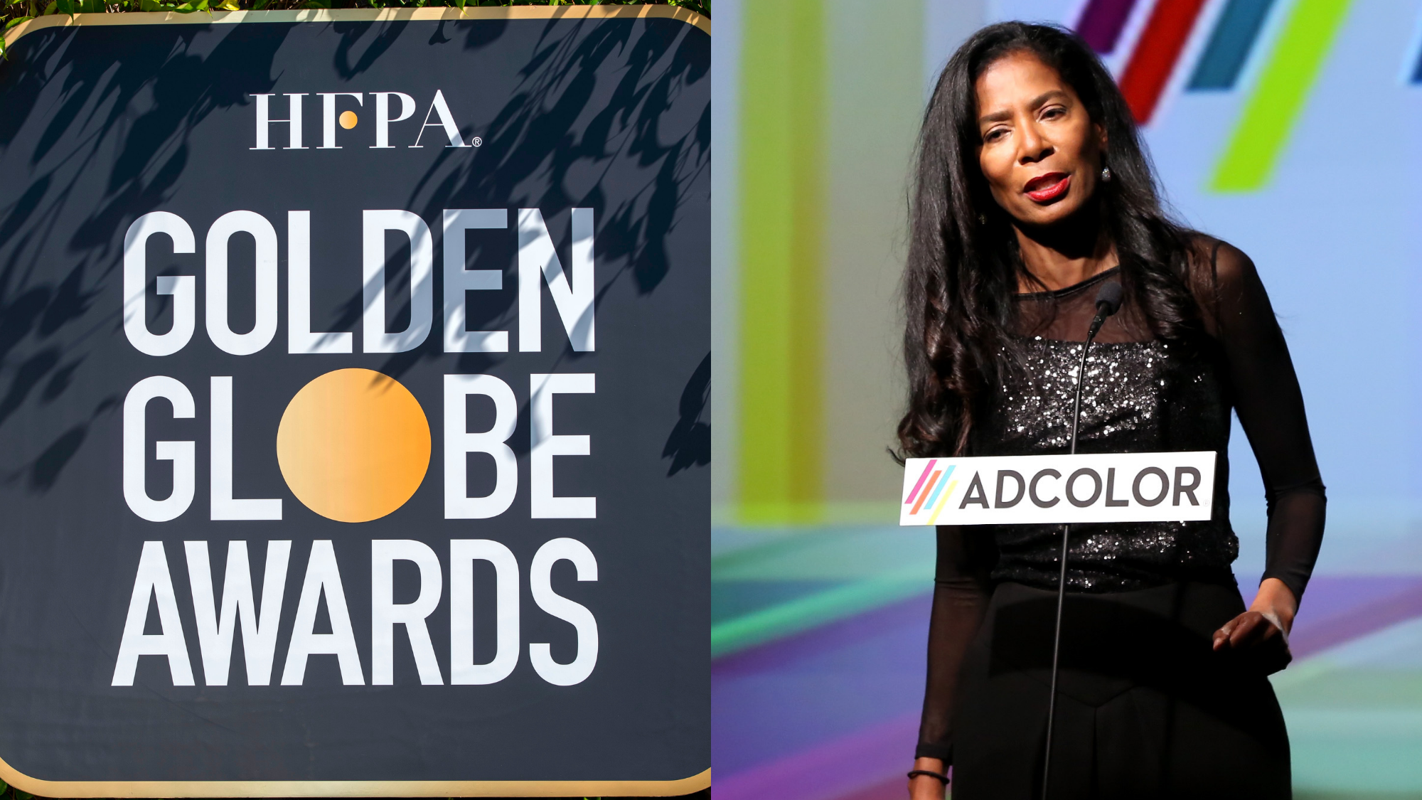 View of the HFPA Golden Globe Awards logo on February 23, 2021; Judy Smith speaks onstage during the 2014 ADCOLOR Awards on September 20, 2014. Photo: Getty Images Valerie Macon/AFP