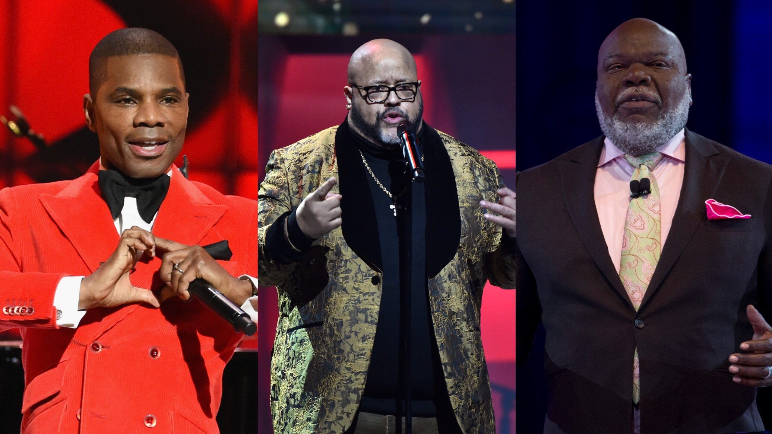 Kirk Franklin, left, at the 2019 Super Bowl Gospel Celebration on January 31, 2019 in Atlanta, Georgia. ; Fred Hammond at the BET Super Bowl Gospel Celebration on January 30, 2020 in Miami, Florida. ; Bishop T.D. Jakes at the MegaFest “Women Thou Art Loosed” on July 1, 2017 in Dallas, Texas. Photo: Getty Images for BET Rick Diamond