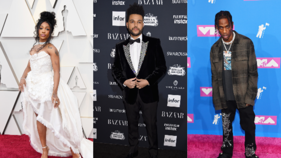 (L-R): SZA attends the 91st Annual Academy Awards on February 24, 2019 in Hollywood, California. The Weeknd attends Harper’s BAZAAR Celebration of ‘ICONS By Carine Roitfeld’ on September 8, 2017 in New York City. Travis Scott attends the 2018 MTV Video Music Awards on August 20, 2018 in New York City. Photo: Getty Images Frazer Harrison